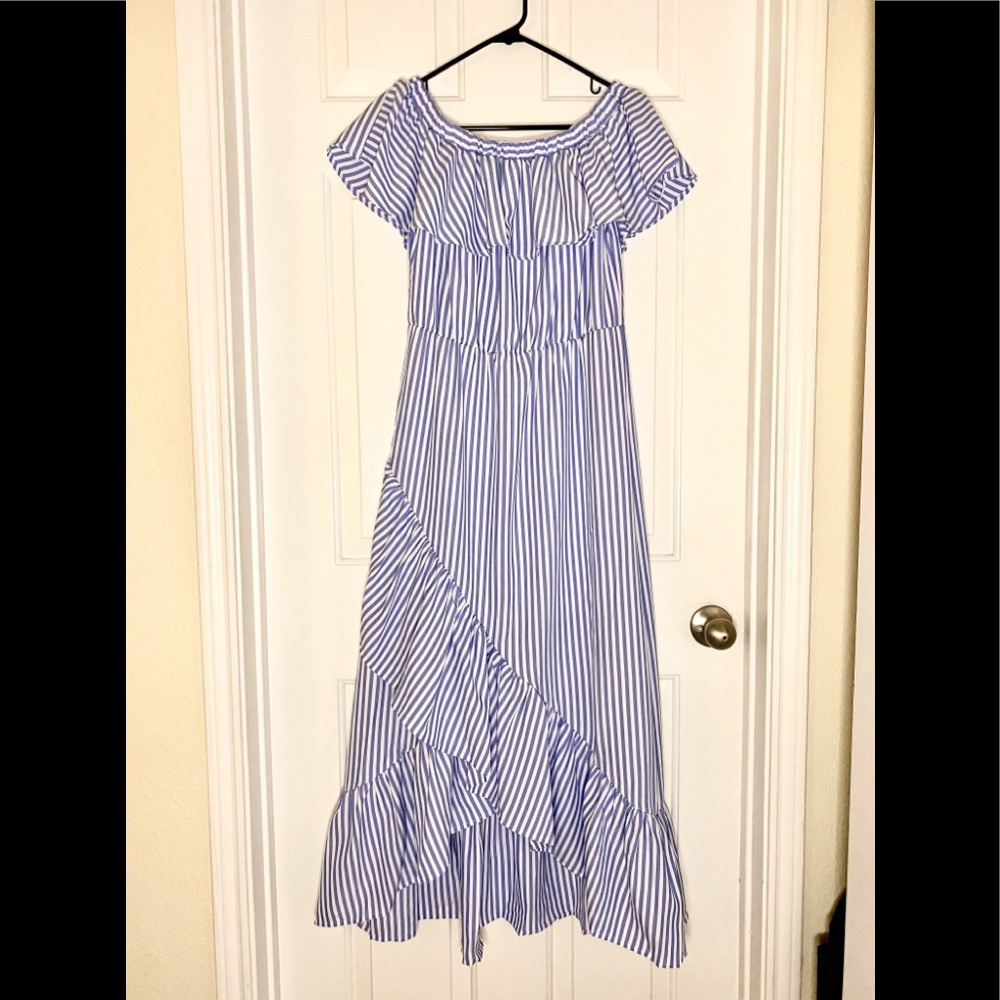 Love J Striped Boat Neck Ruffle Hem Dress